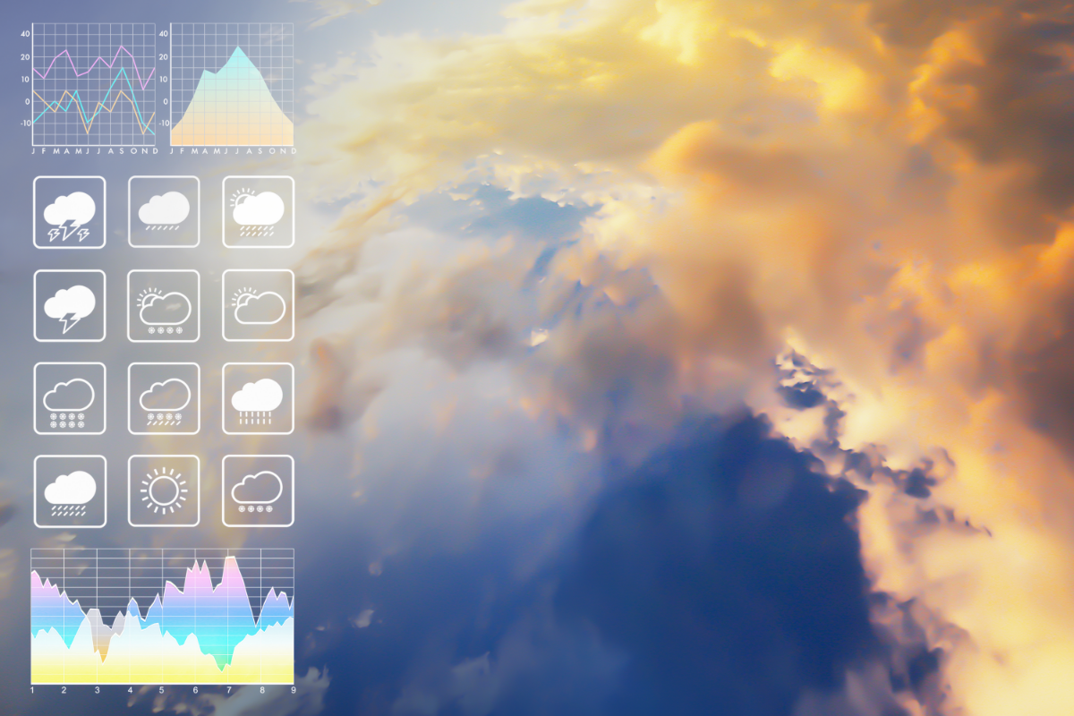 ClimCOREのイメージ図。天気写真の上に観測データや数値化されたグラフが表示されたイメージ図です